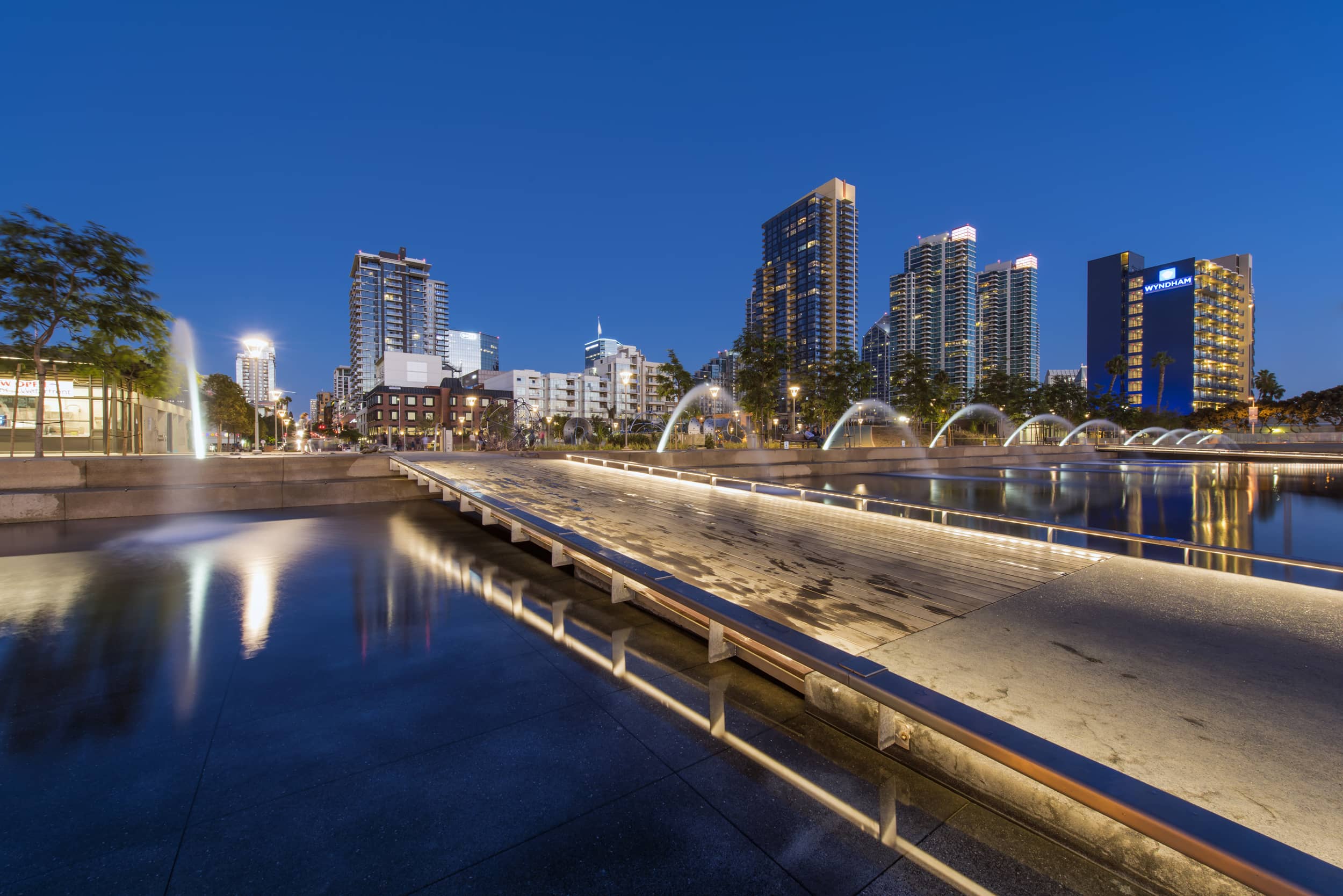 Embarcadero Waterfront Park at dusk